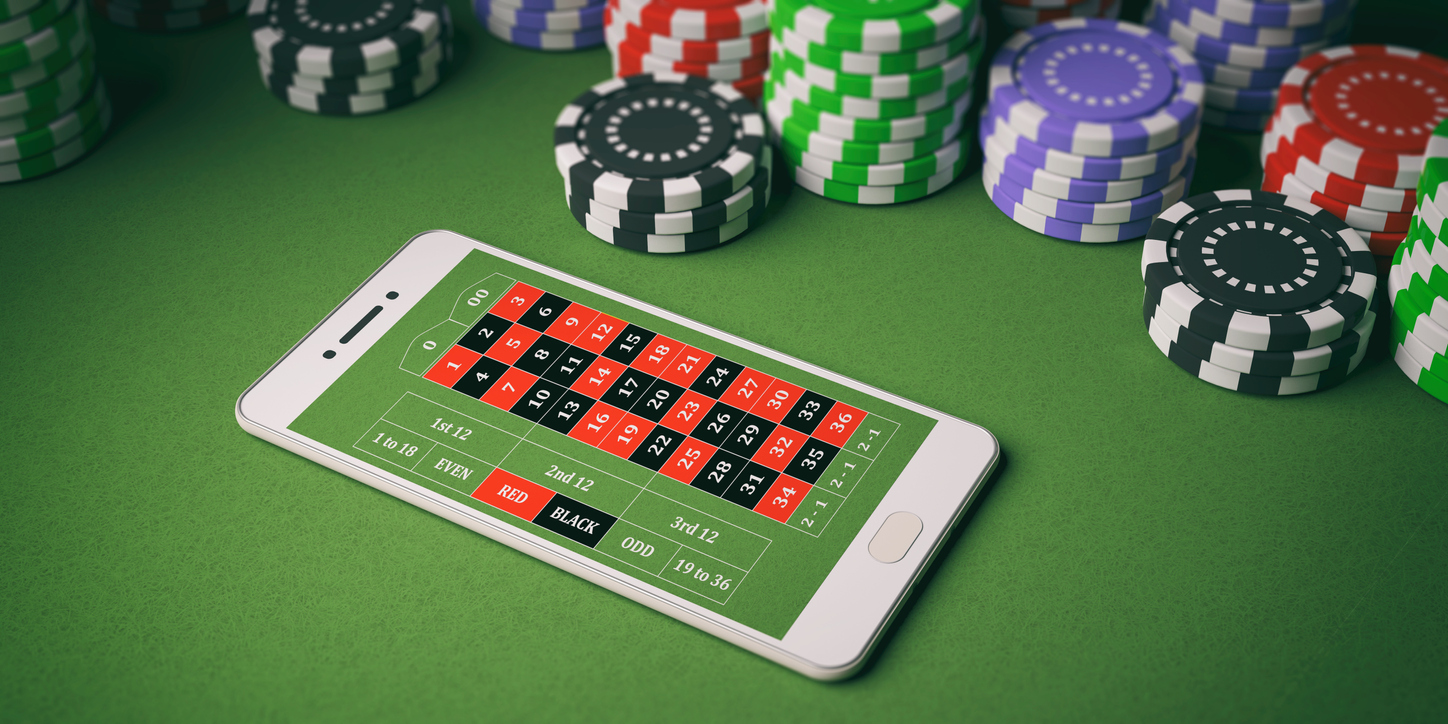 Casino chips and smartphone on green felt. 3d illustration